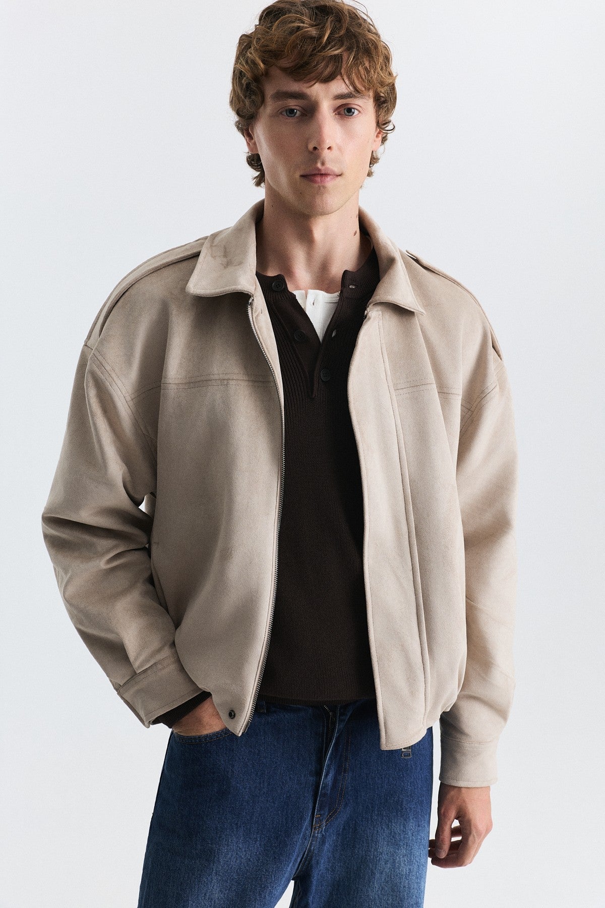 Hidden-Zip Faux Suede Jacket