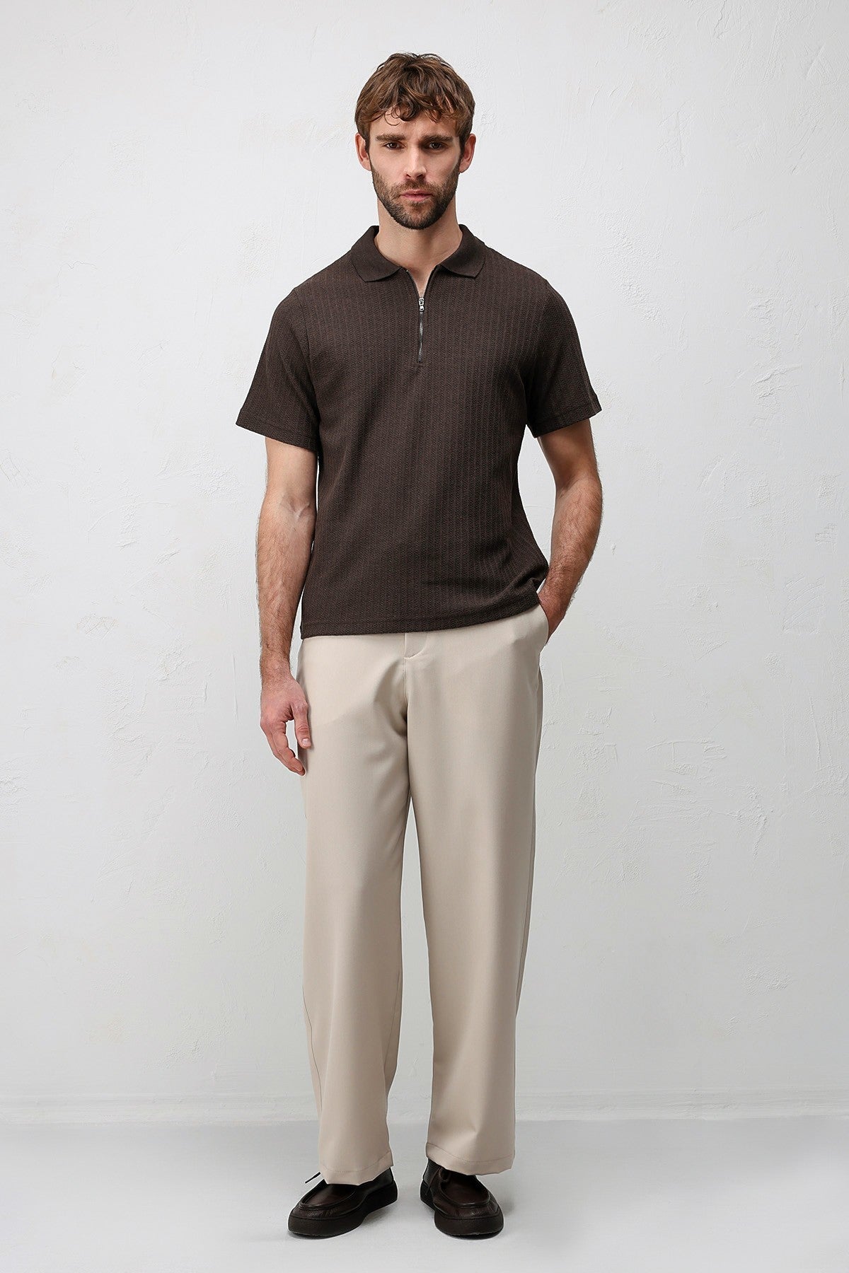 Textured Knit Polo Neck Men's T-Shirt