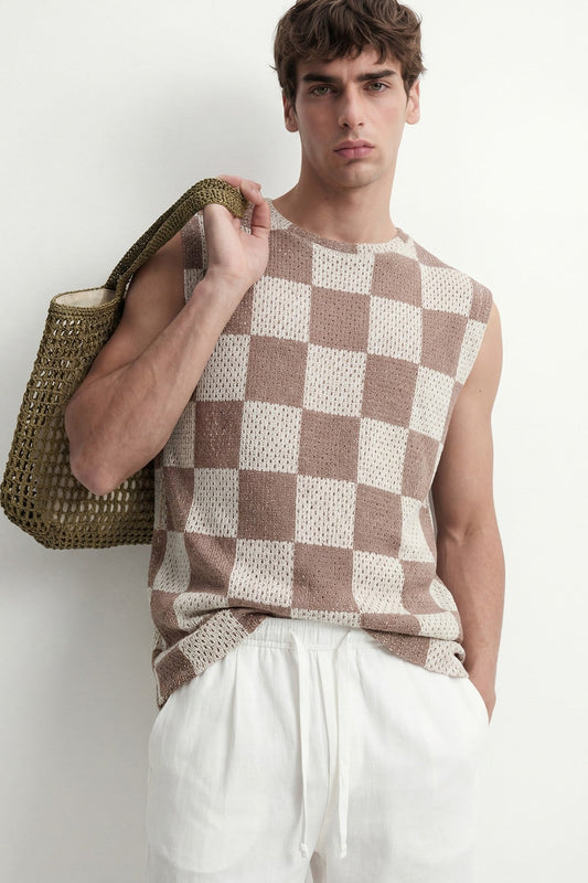 Checkered Sleeveless T-Shirt