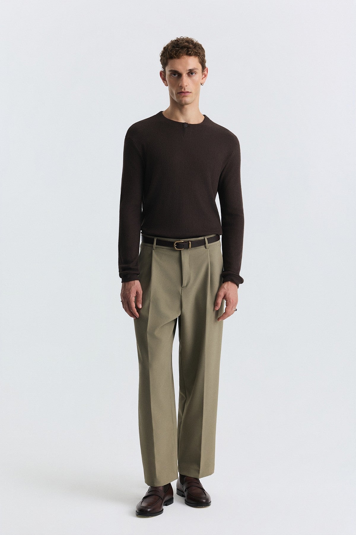 Single-Button, Ribbed, Long-Sleeved T-Shirt