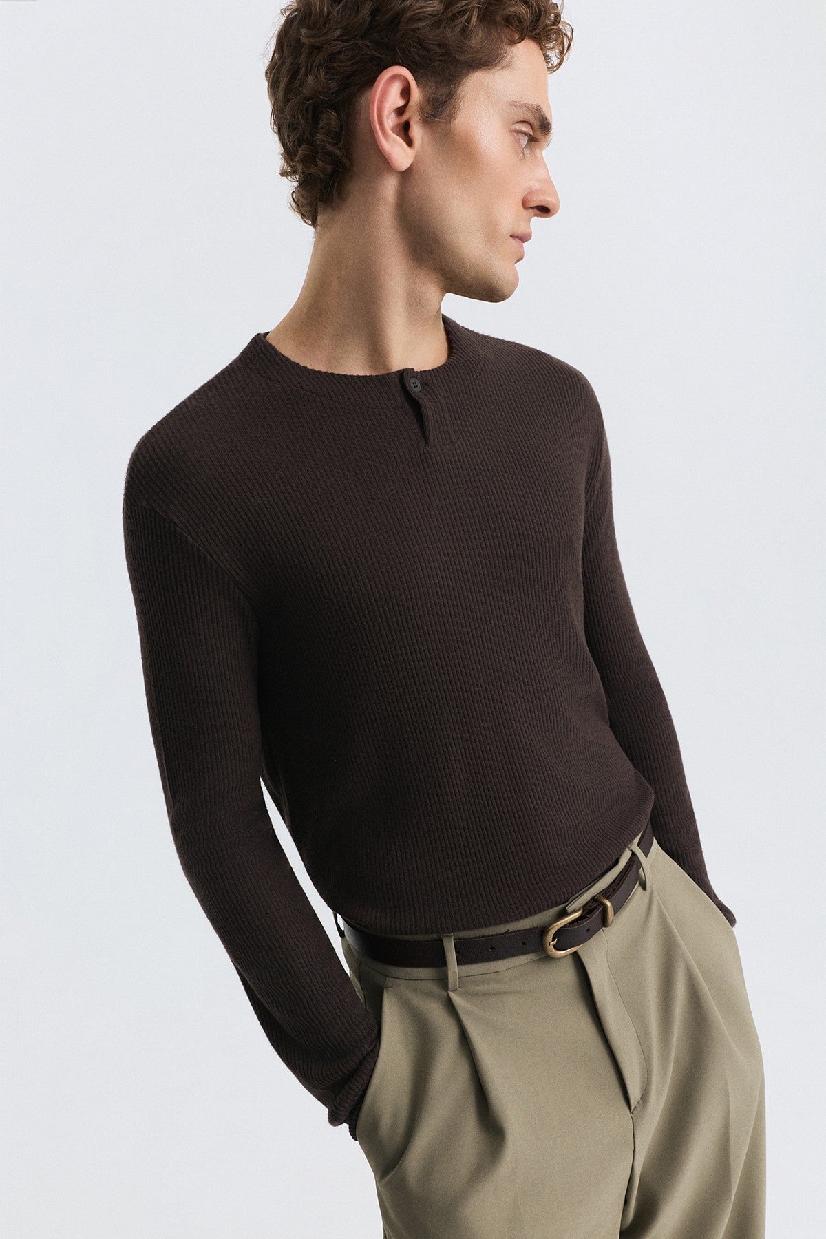 Single-Button, Ribbed, Long-Sleeved T-Shirt