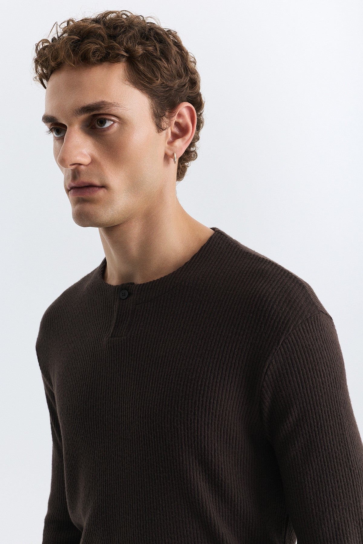 Single-Button, Ribbed, Long-Sleeved T-Shirt