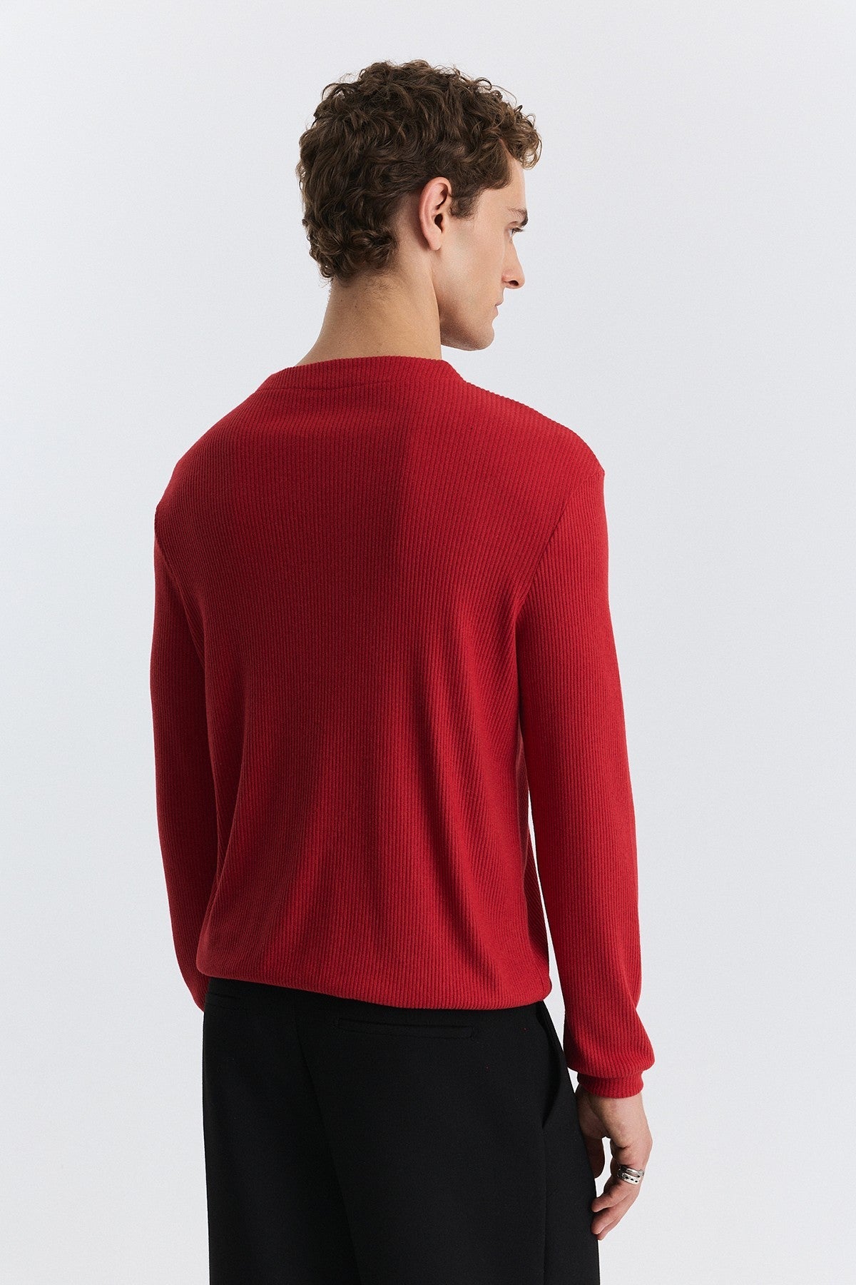Single-Button, Ribbed, Long-Sleeved T-Shirt