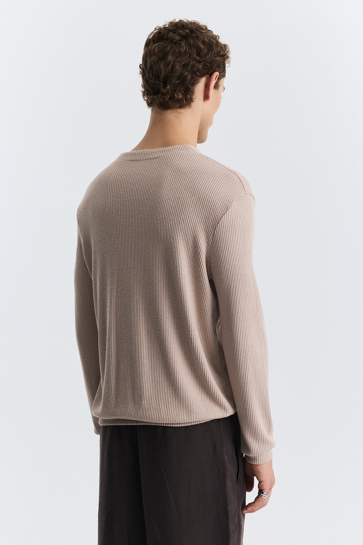 Single-Button, Ribbed, Long-Sleeved T-Shirt