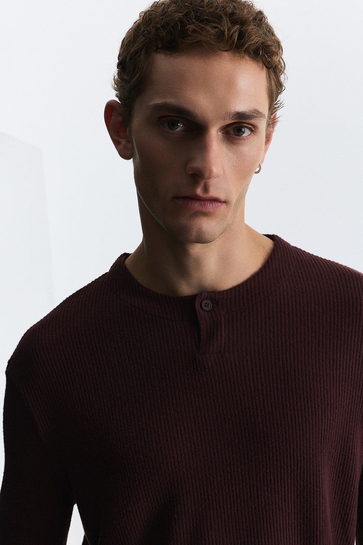 Single-Button, Ribbed, Long-Sleeved T-Shirt