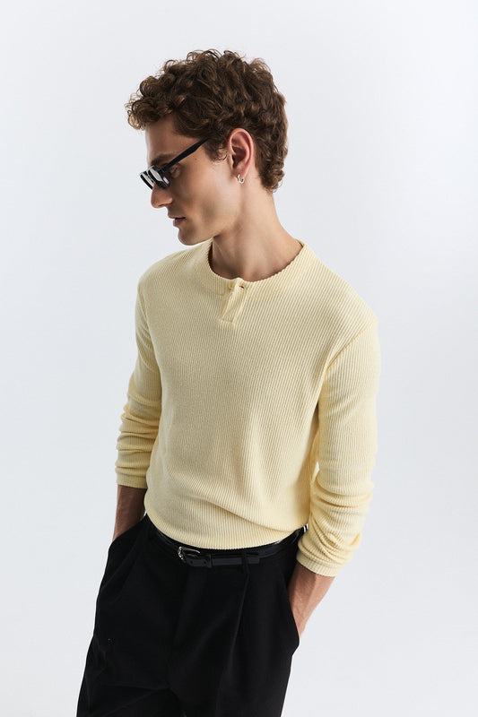 Single-Button, Ribbed, Long-Sleeved T-Shirt