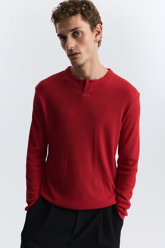 Single-Button, Ribbed, Long-Sleeved T-Shirt
