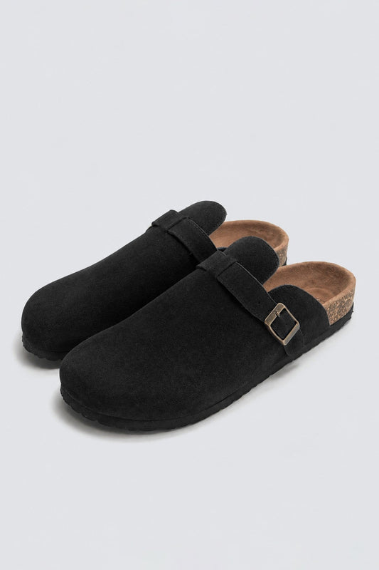 100% Suede Clog-Style Slippers with Buckles