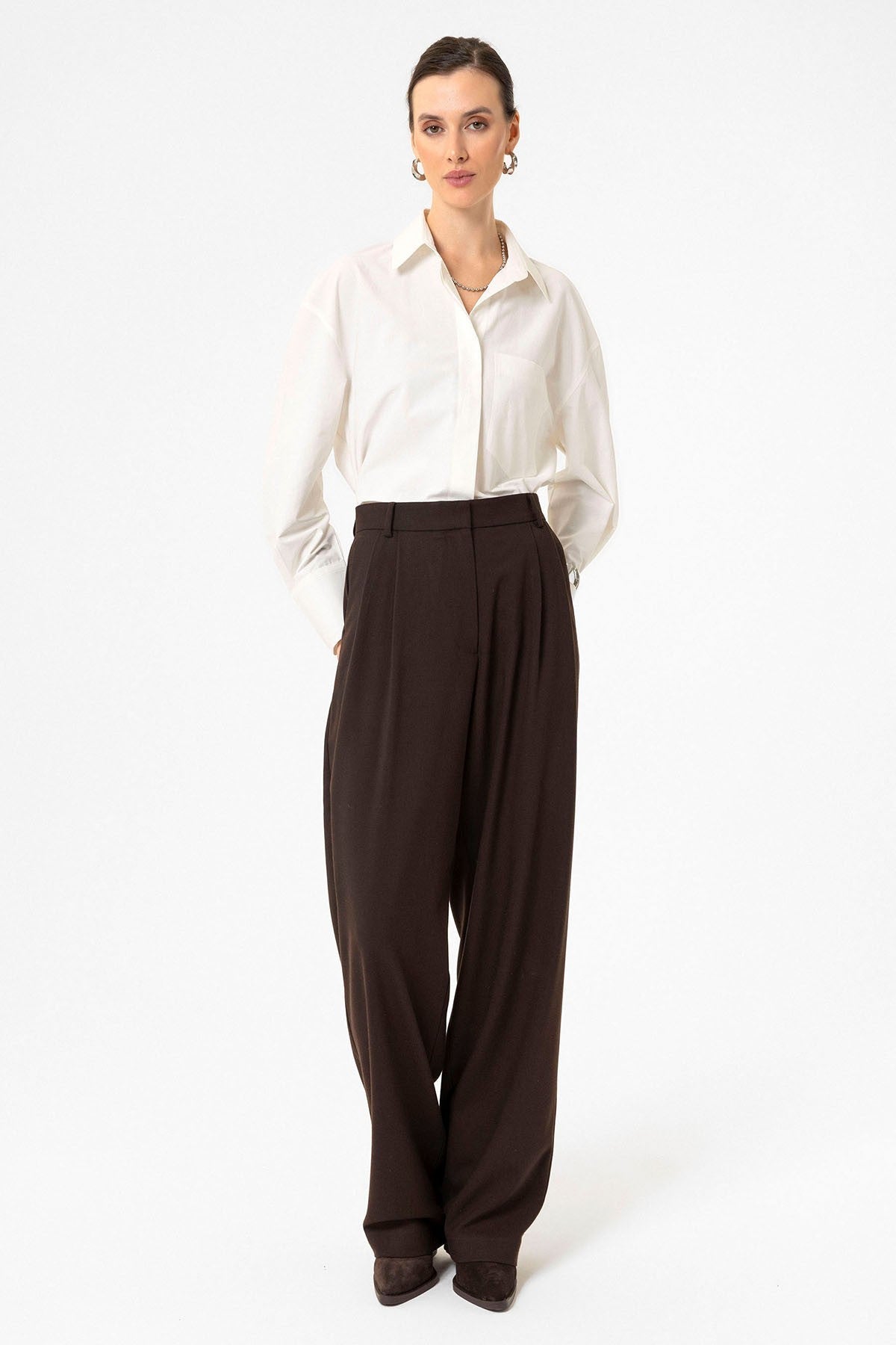 Women's High-Waisted Pants with Seam Details, Straight Fit