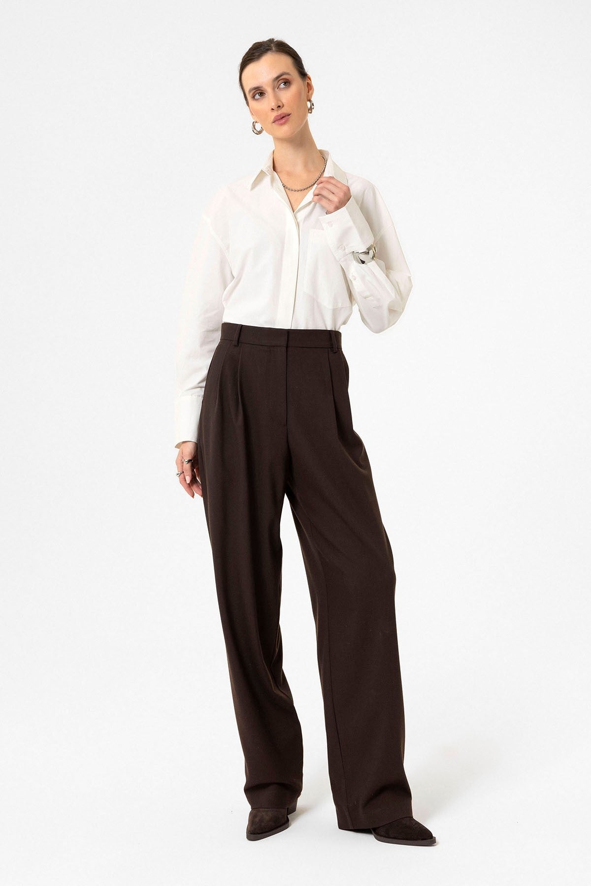 Women's High-Waisted Pants with Seam Details, Straight Fit