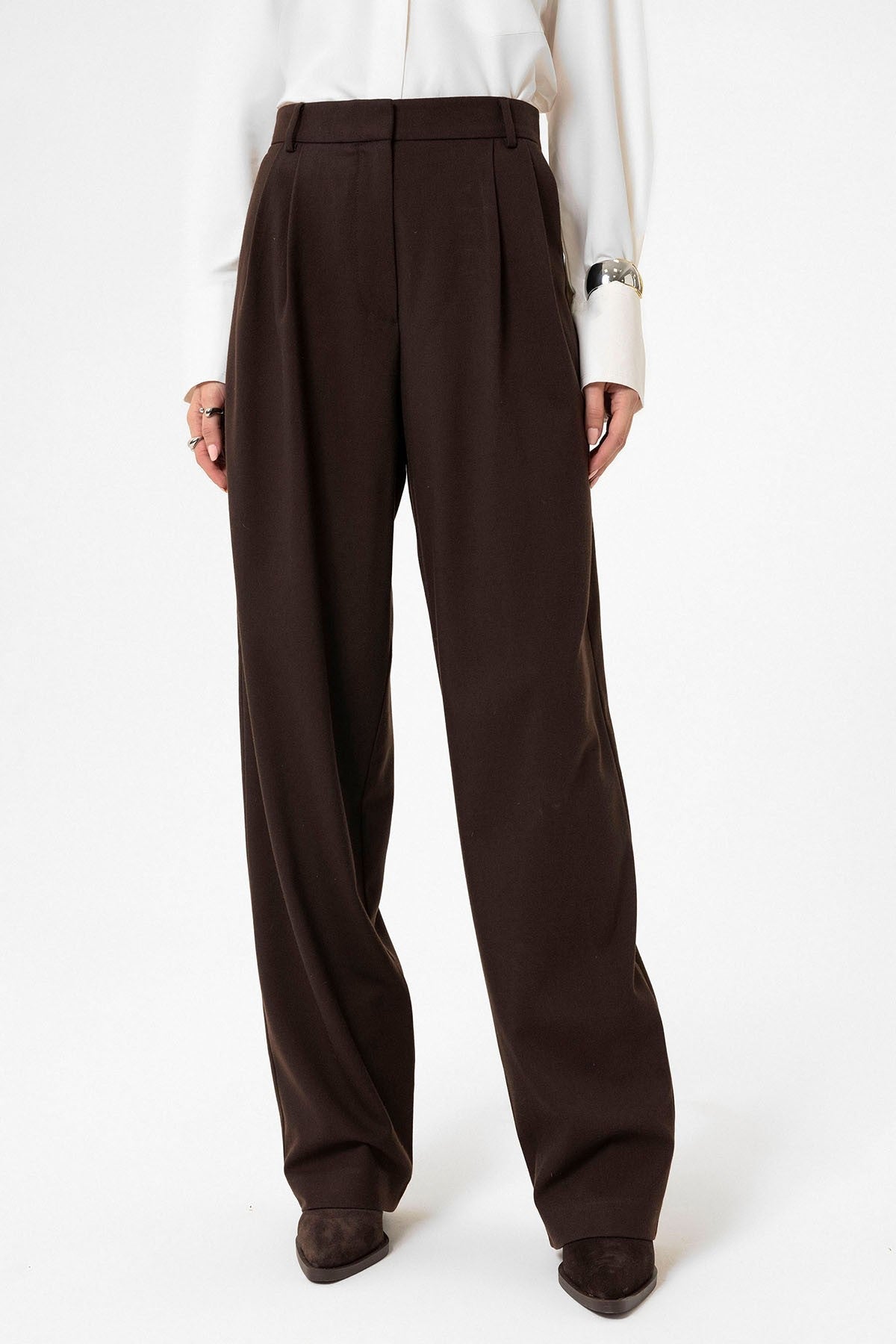 Women's High-Waisted Pants with Seam Details, Straight Fit