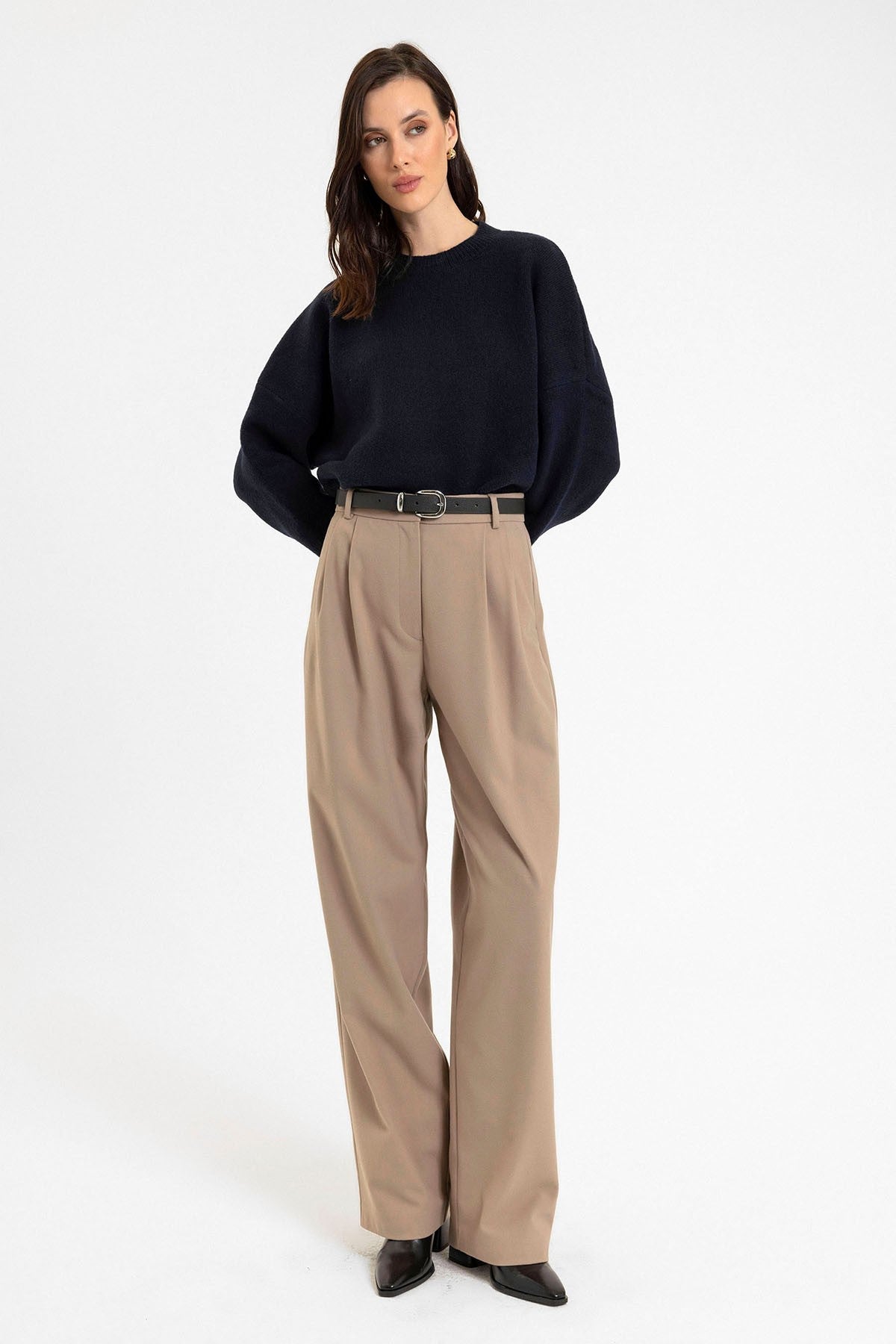 Women's High-Waisted Pants with Seam Details, Straight Fit
