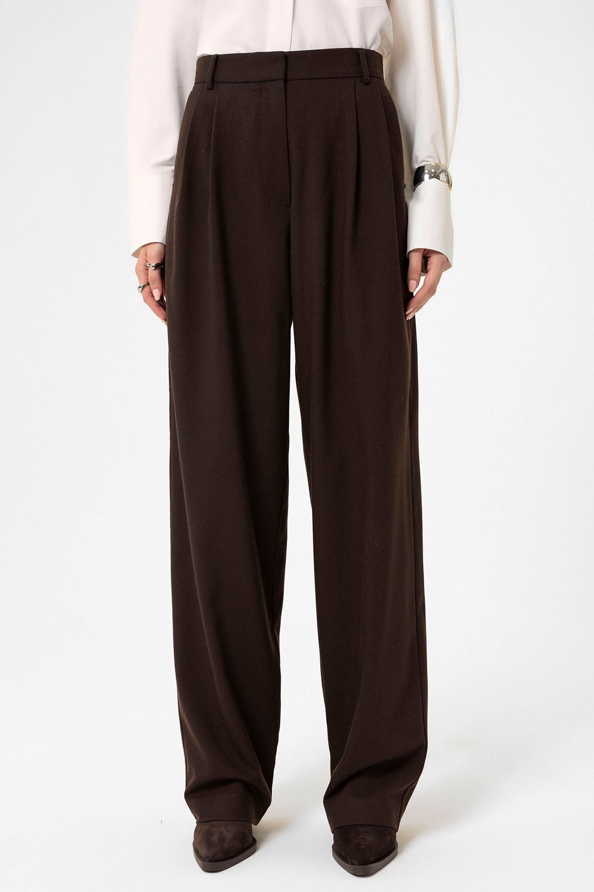 Women's High-Waisted Pants with Seam Details, Straight Fit