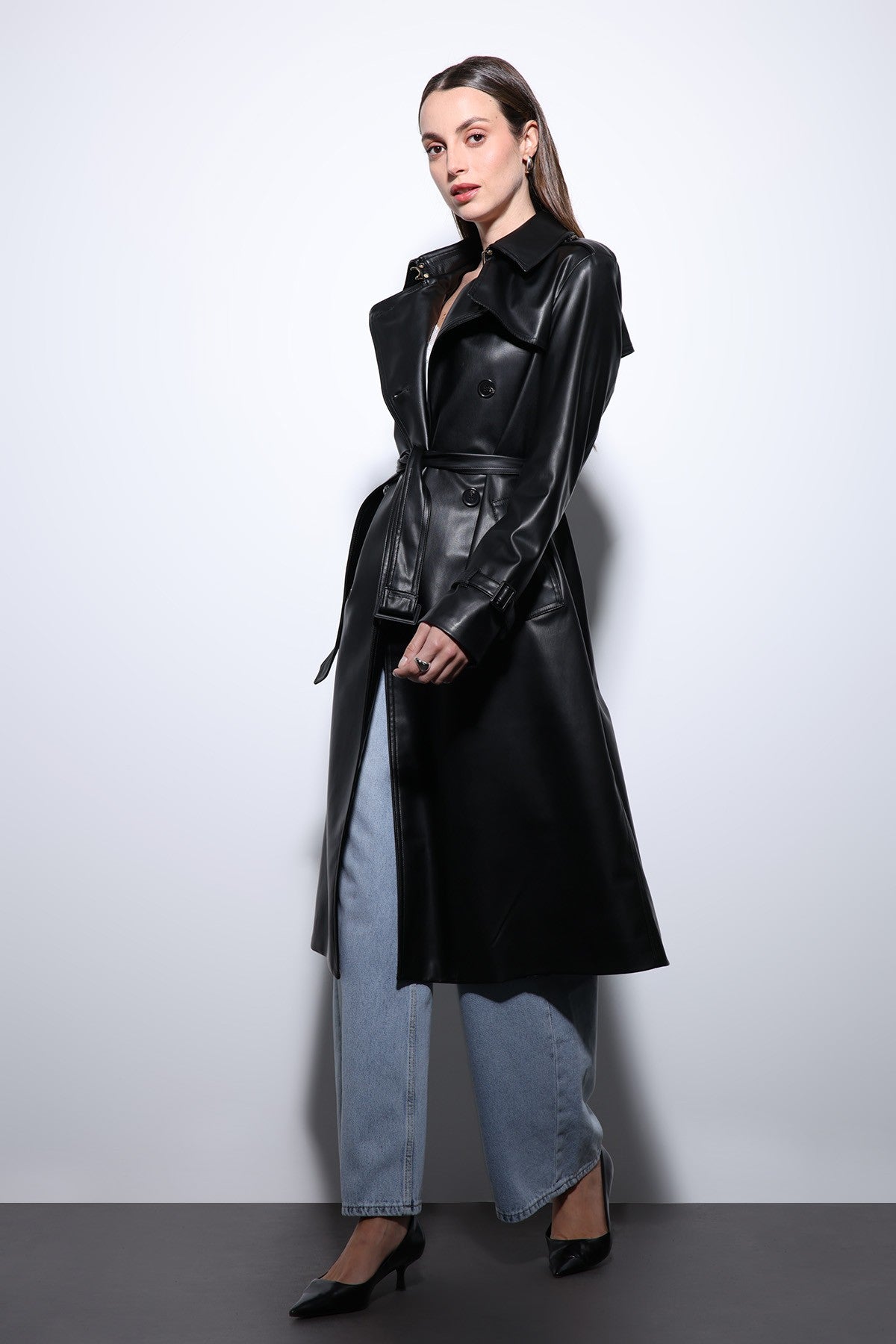 Antioch Women's Faux Leather Belted Trench Coat