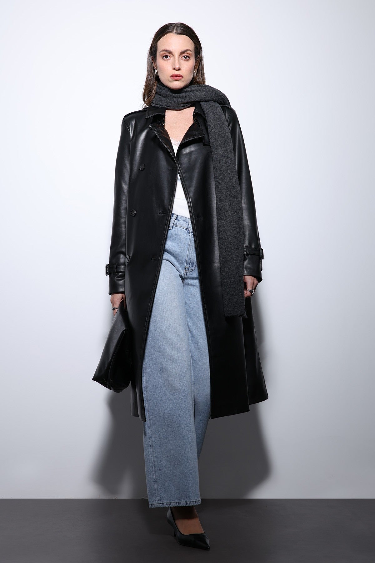 Antioch Women's Faux Leather Belted Trench Coat