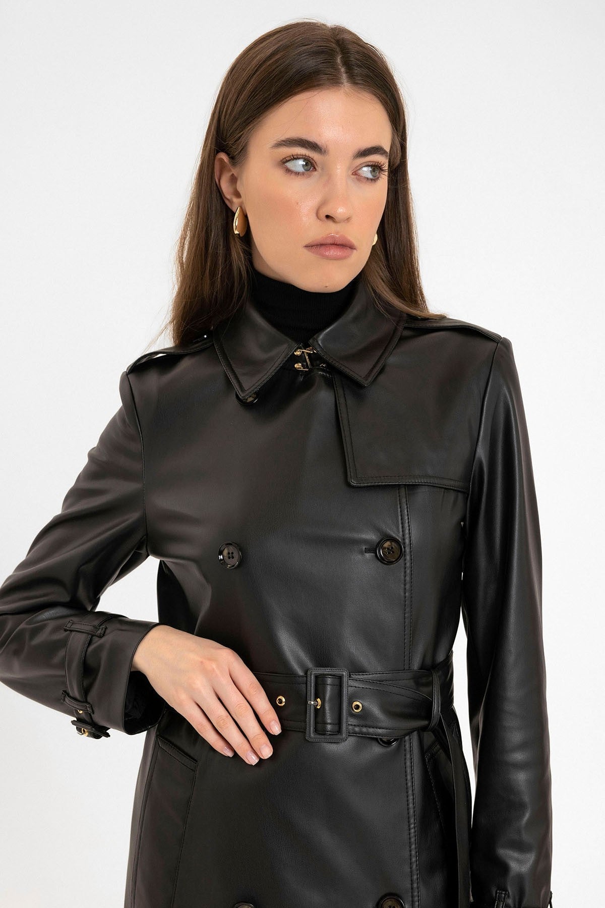 Antioch Women's Faux Leather Belted Trench Coat