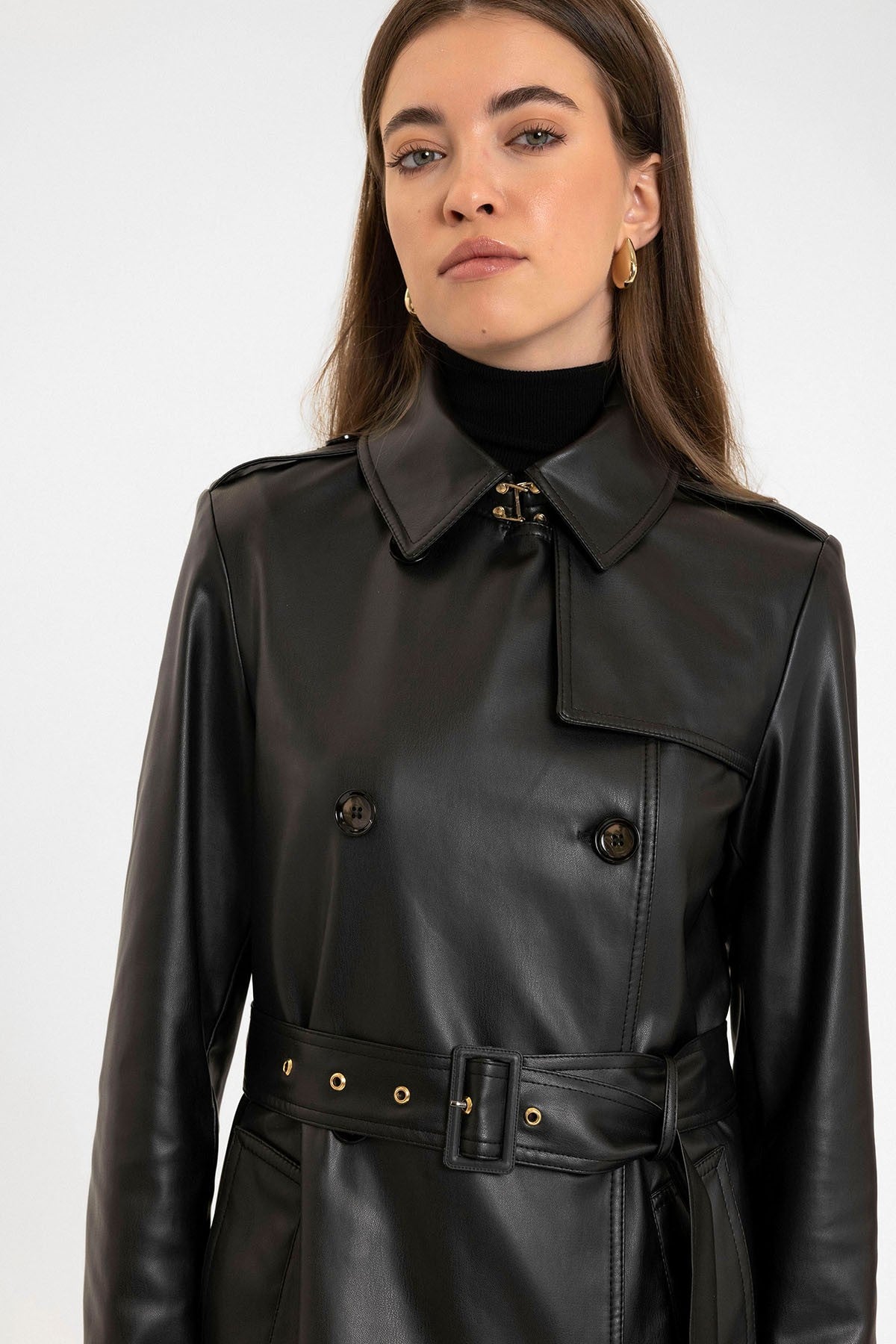 Antioch Women's Faux Leather Belted Trench Coat
