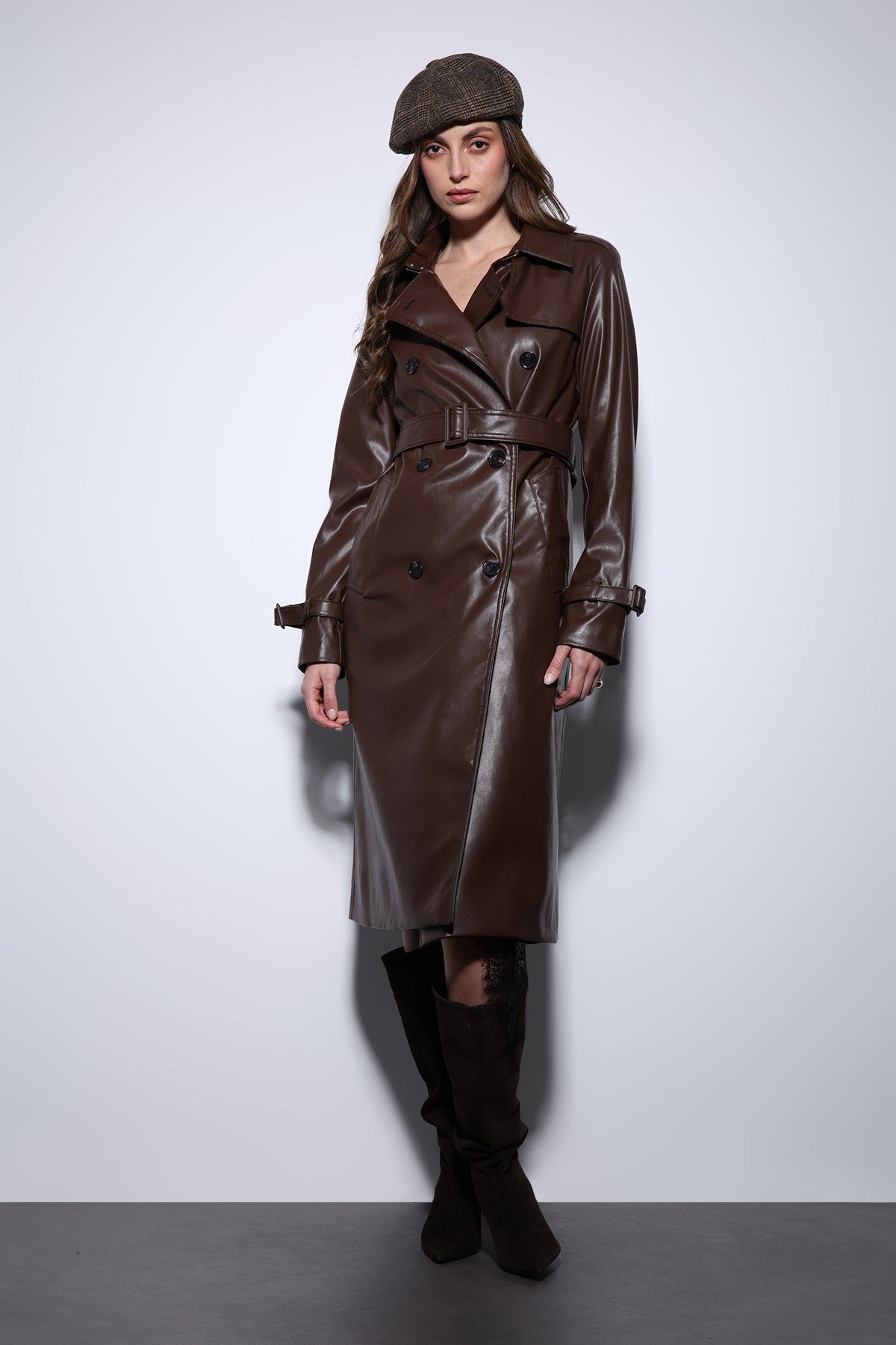 Antioch Women's Faux Leather Belted Trench Coat