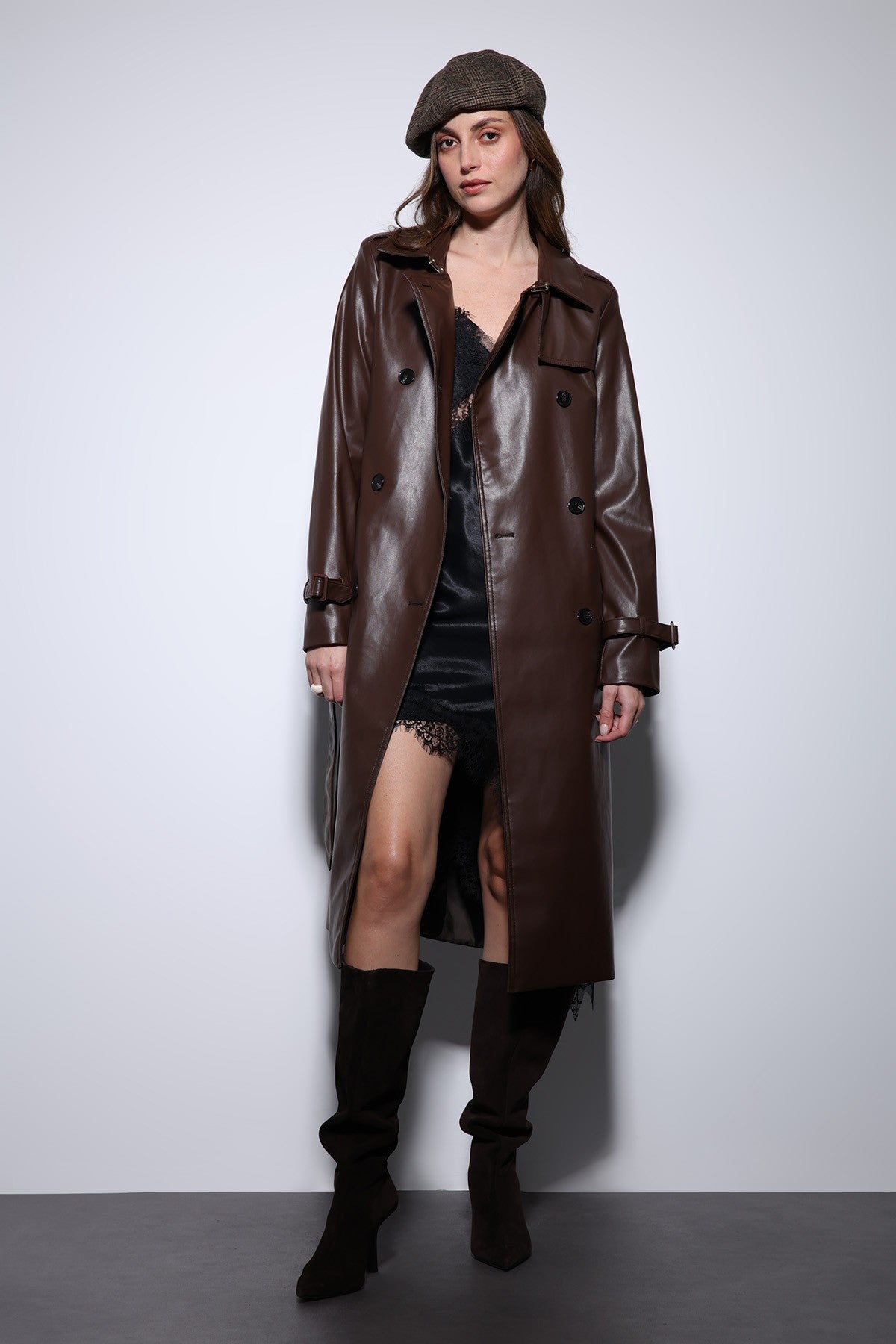 Antioch Women's Faux Leather Belted Trench Coat