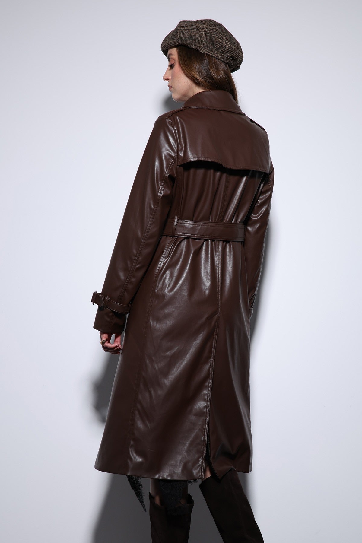 Antioch Women's Faux Leather Belted Trench Coat