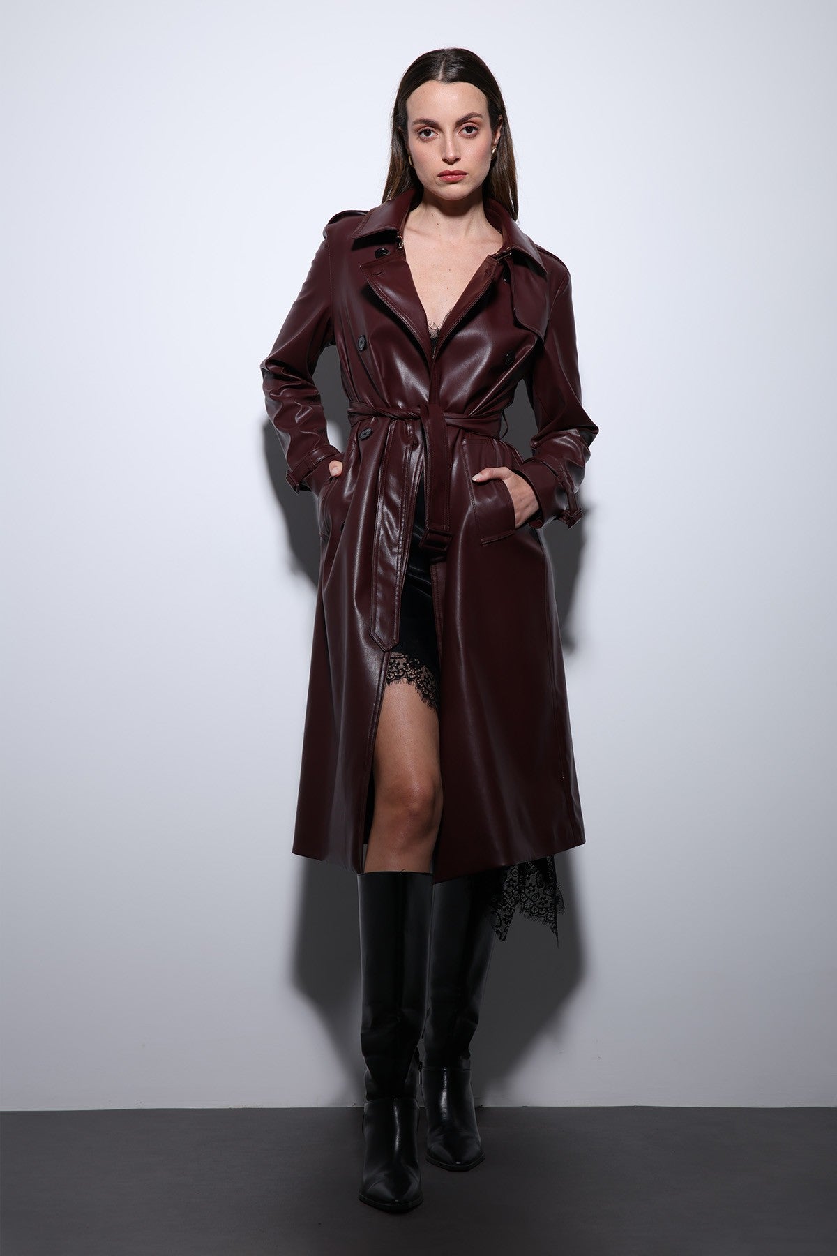 Antioch Women's Faux Leather Belted Trench Coat