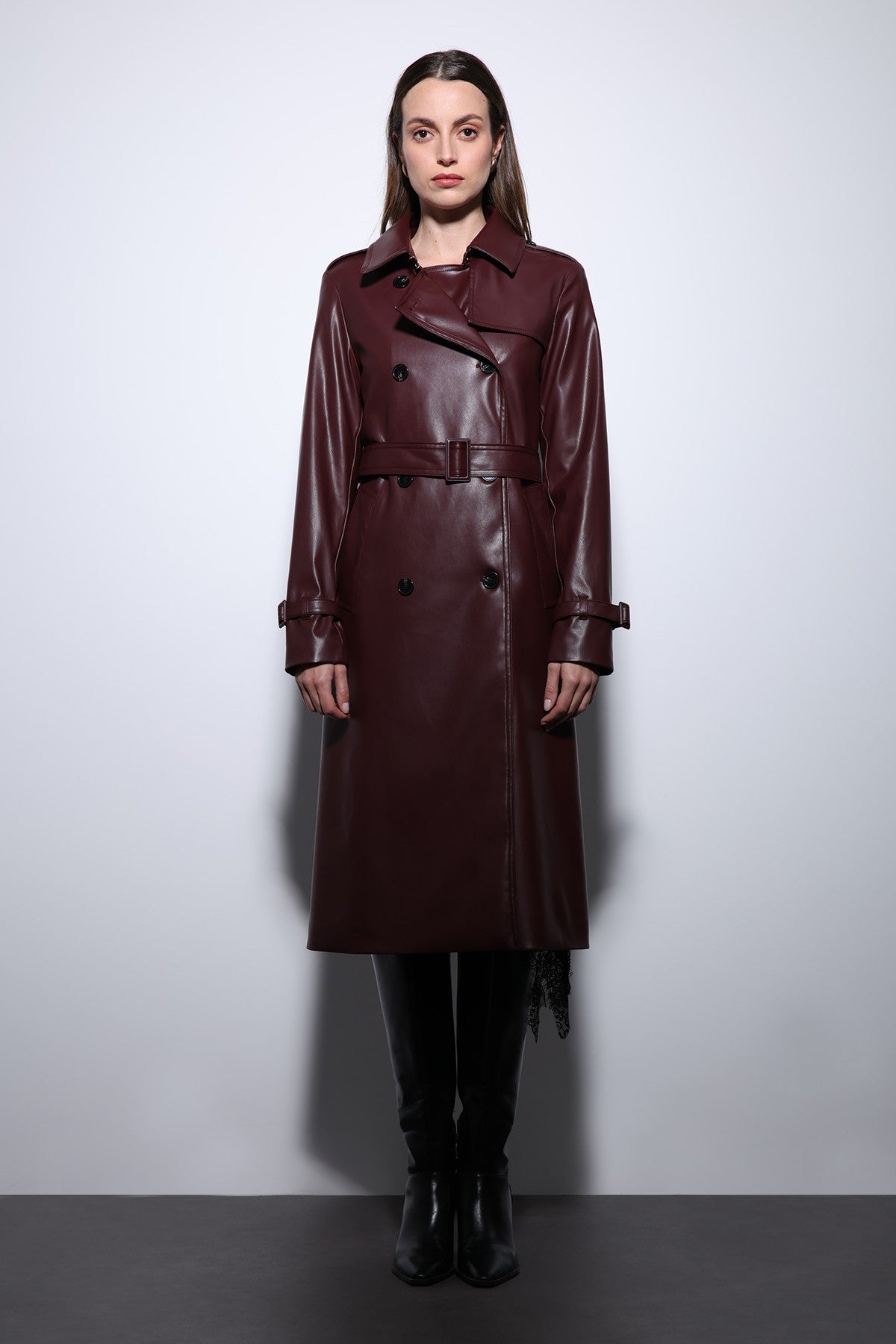Antioch Women's Faux Leather Belted Trench Coat