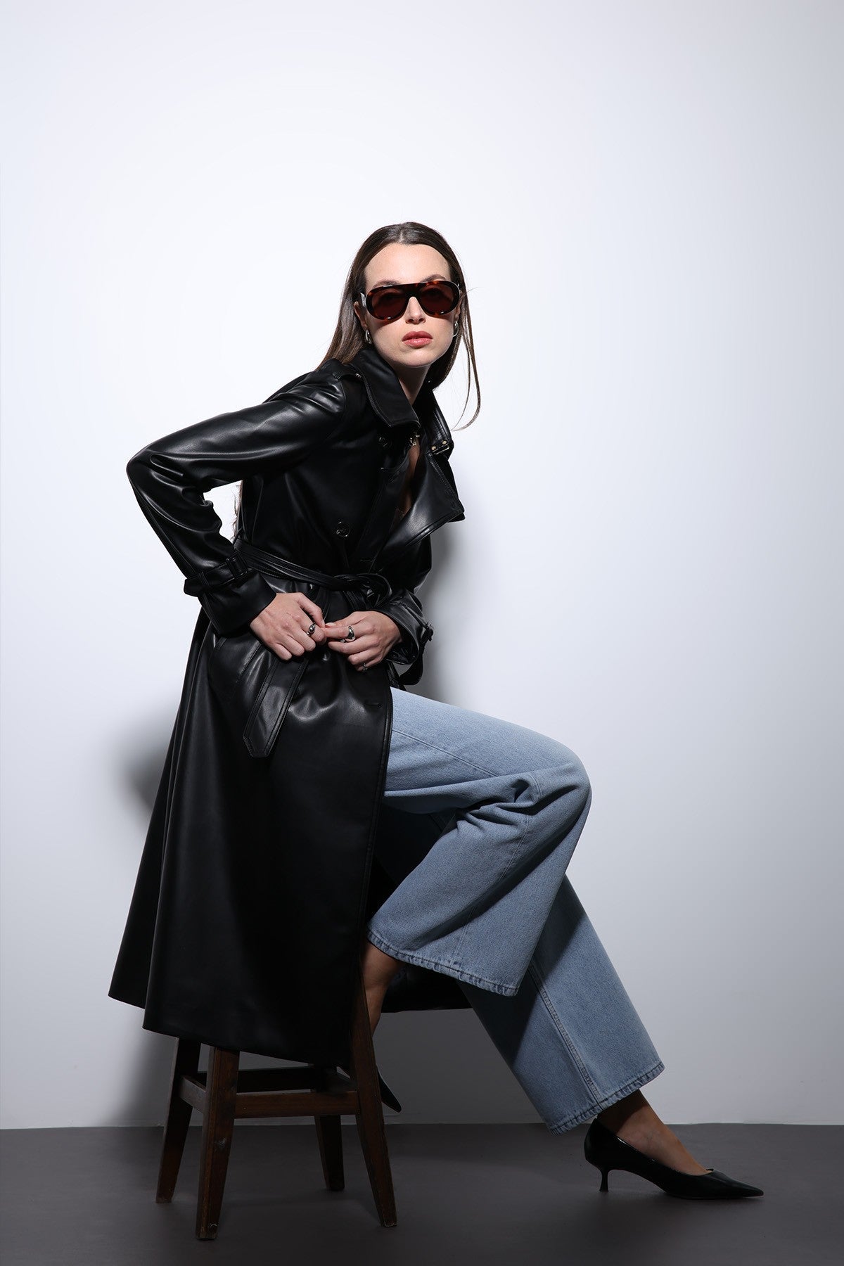 Antioch Women's Faux Leather Belted Trench Coat