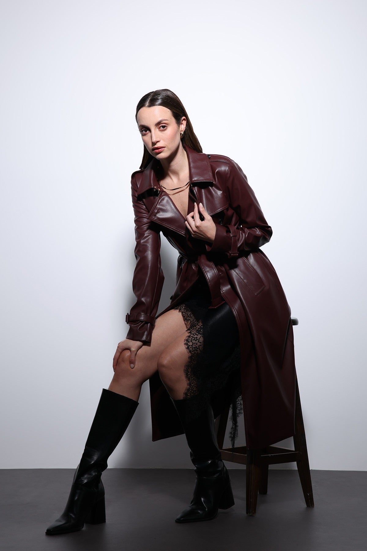 Antioch Women's Faux Leather Belted Trench Coat