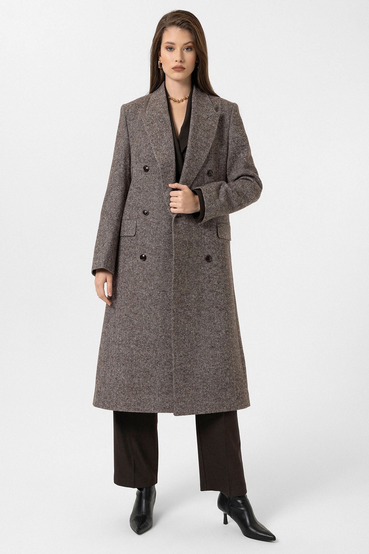 Women's Herringbone-Patterned Double-Breasted Coat