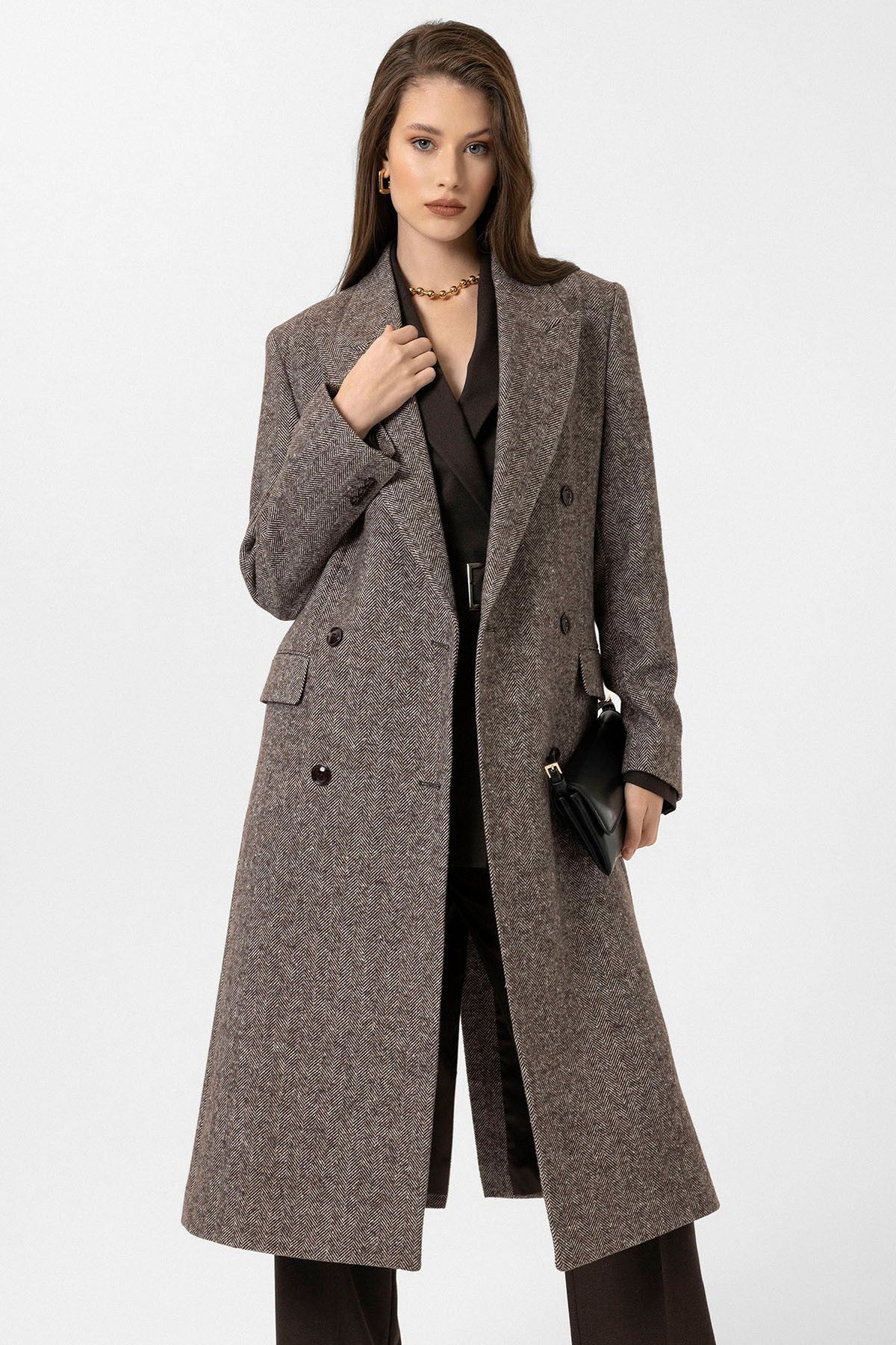 Women's Herringbone-Patterned Double-Breasted Coat