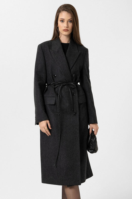 Women's Herringbone-Patterned Double-Breasted Coat