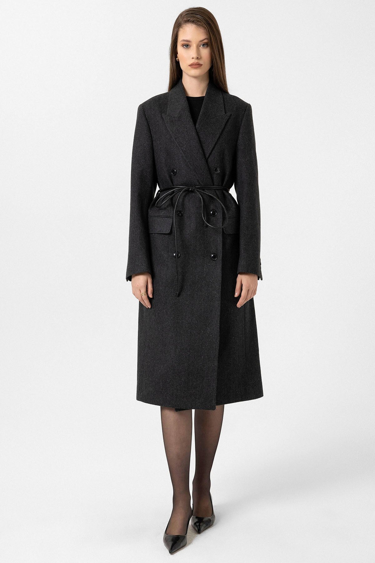 Women's Herringbone-Patterned Double-Breasted Coat