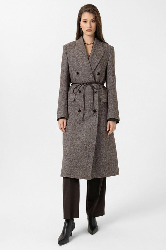 Women's Herringbone-Patterned Double-Breasted Coat
