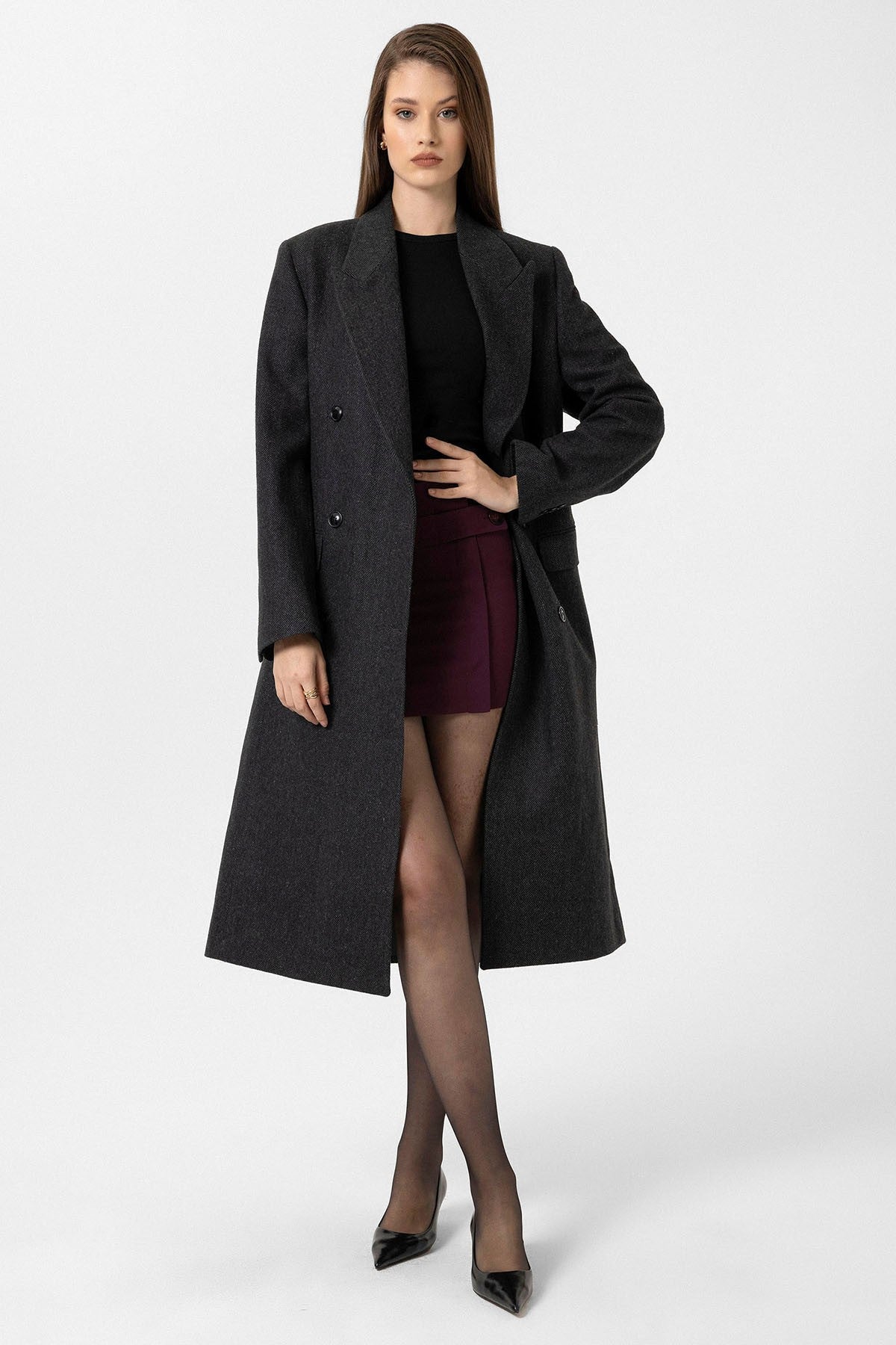 Women's Herringbone-Patterned Double-Breasted Coat