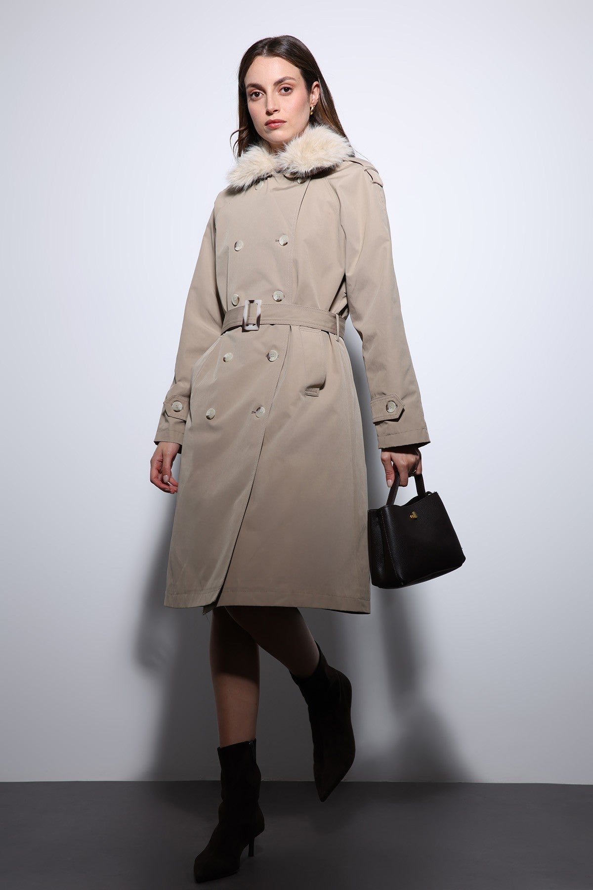 Antioch Women's Trench Coat with Faux Fur Collar