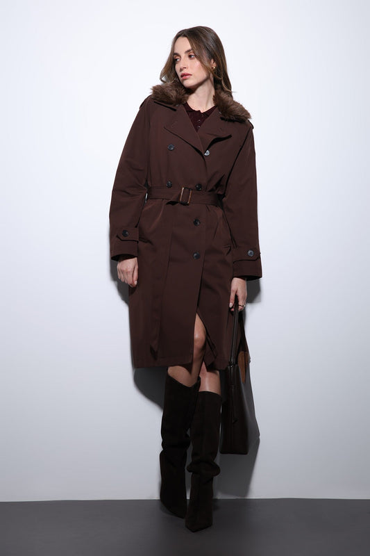 Antioch Women's Trench Coat with Faux Fur Collar