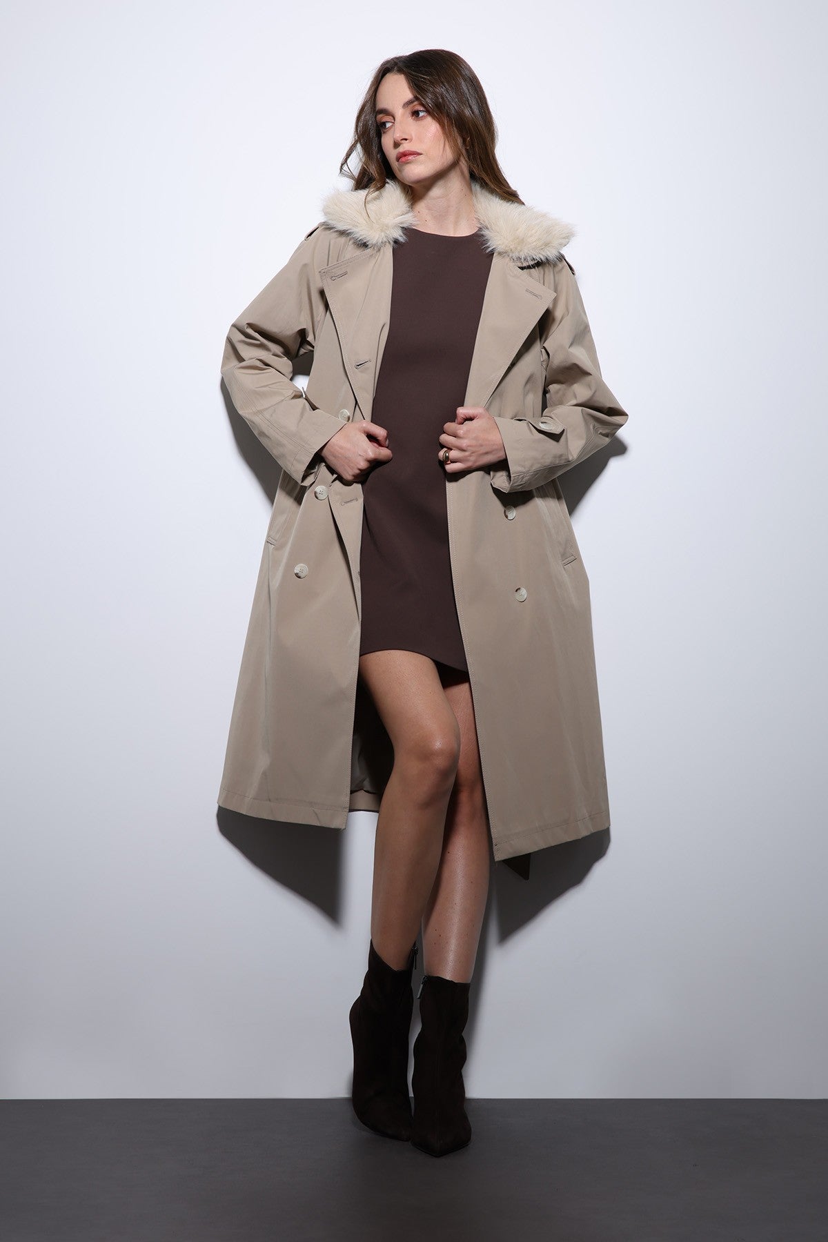 Antioch Women's Trench Coat with Faux Fur Collar