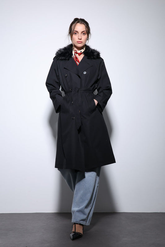 Antioch Women's Trench Coat with Faux Fur Collar