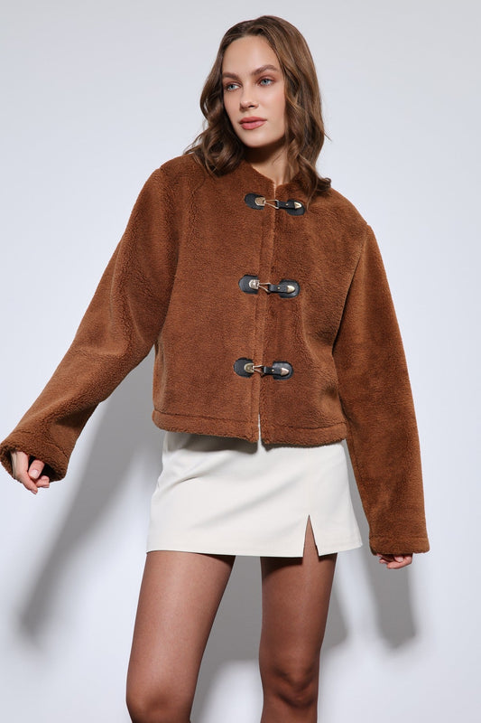 Antioch Embellished-Button Faux Fur Jacket