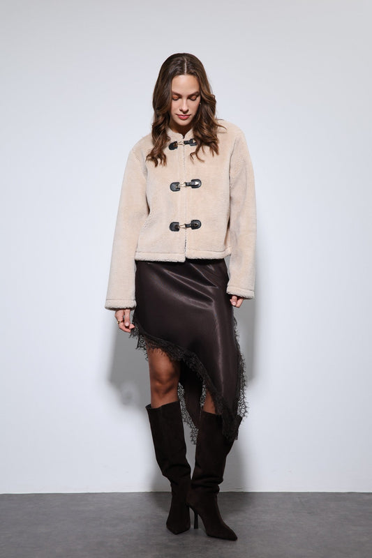 Antioch Embellished-Button Faux Fur Jacket