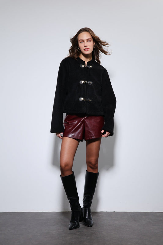 Antioch Embellished-Button Faux Fur Jacket