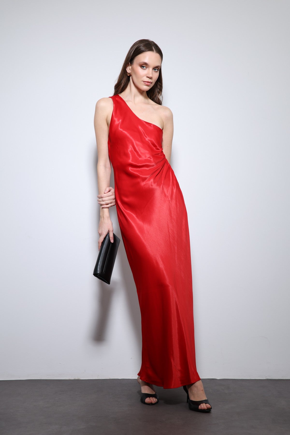 Antioch Asymmetrical-Neckline Satin Maxi Dress
