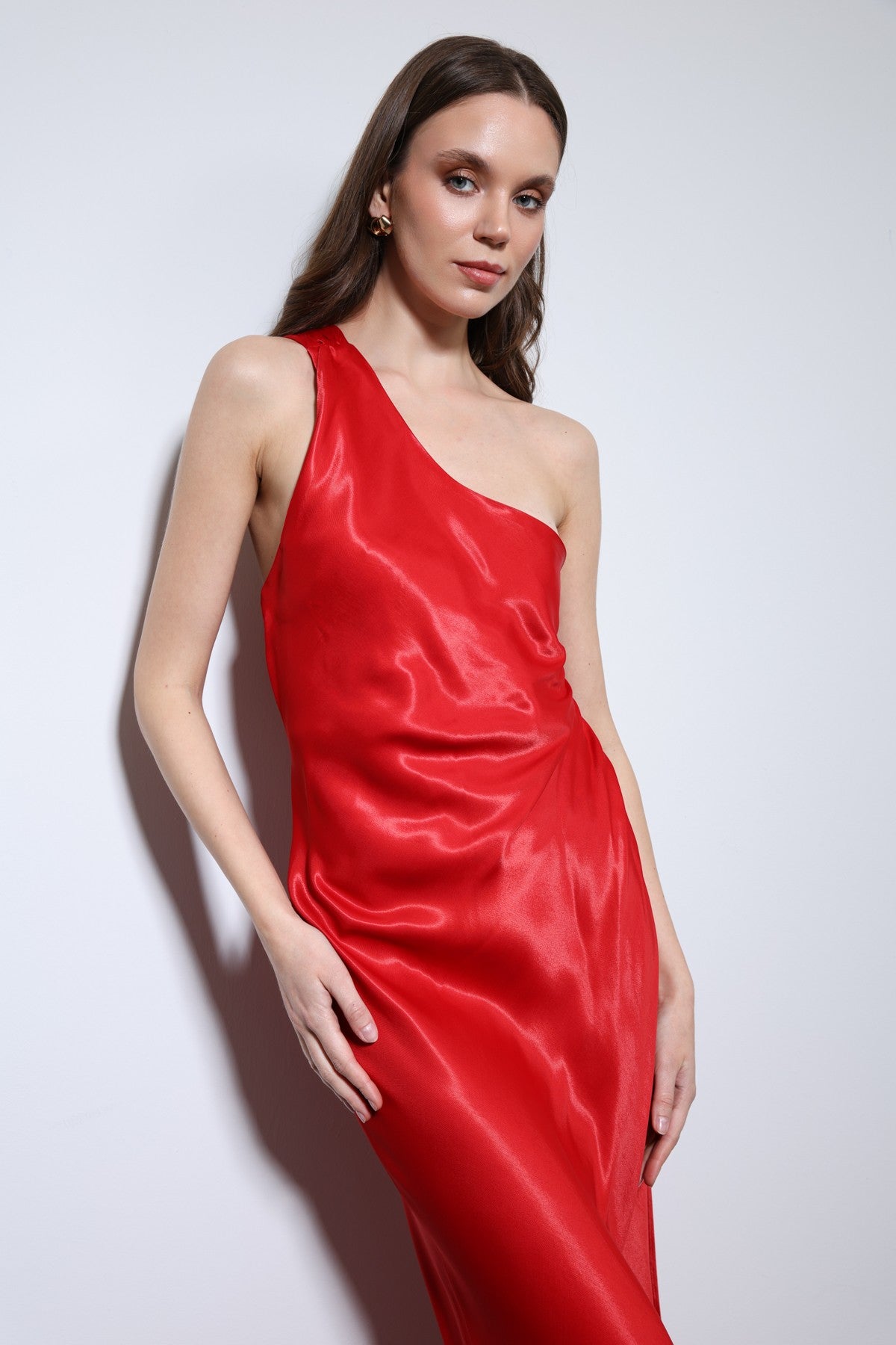 Antioch Asymmetrical-Neckline Satin Maxi Dress