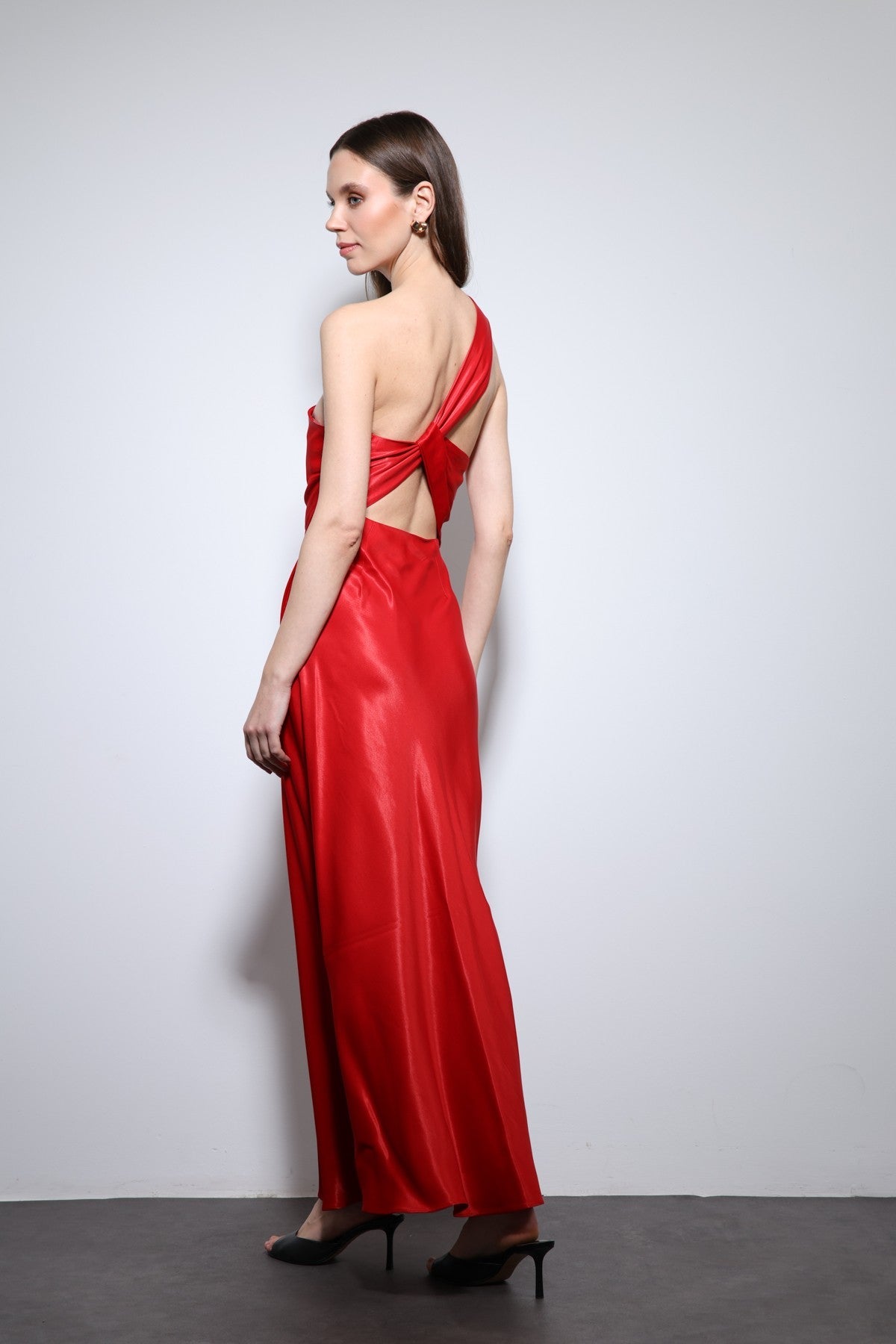 Antioch Asymmetrical-Neckline Satin Maxi Dress
