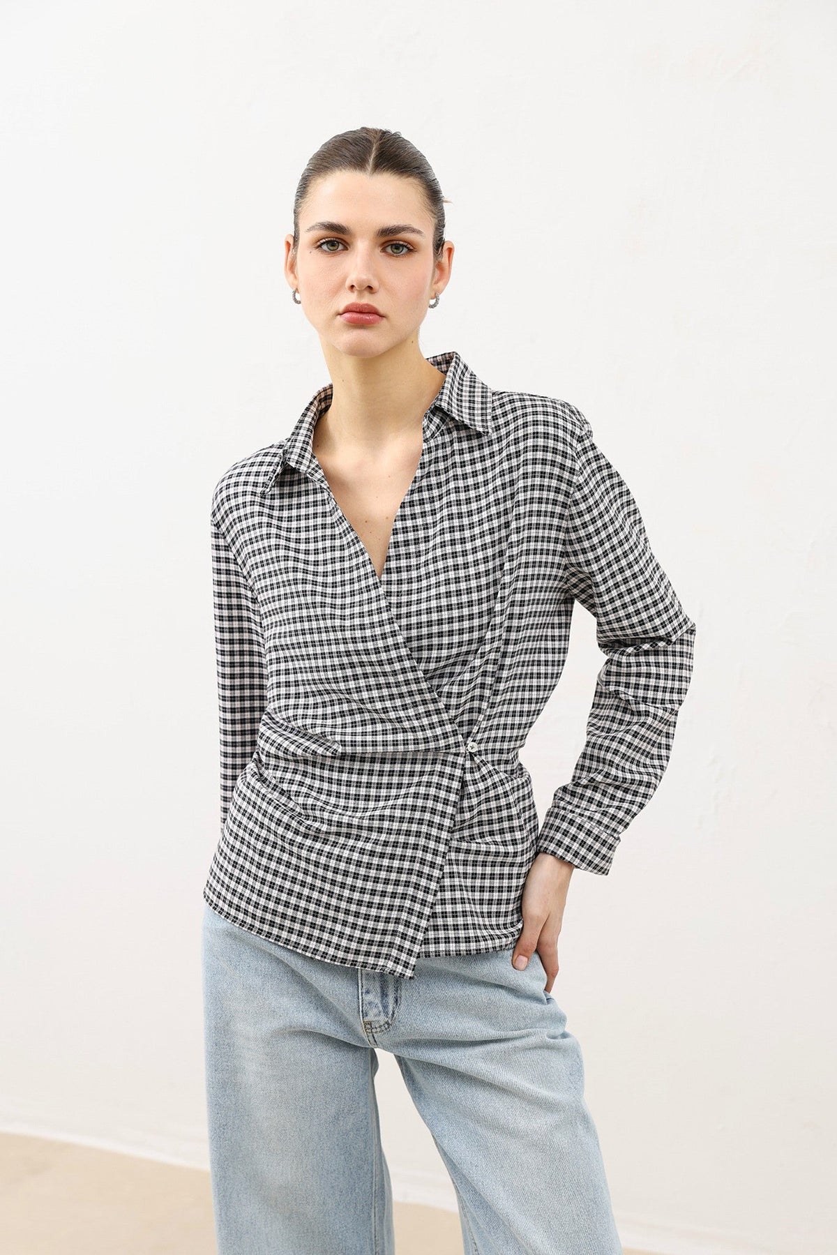 Women's Checkered Shirt with a Wrap-Around Collar