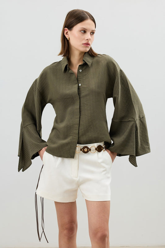 Antioch Women's Striped Shirt with Tie-Back Sleeves