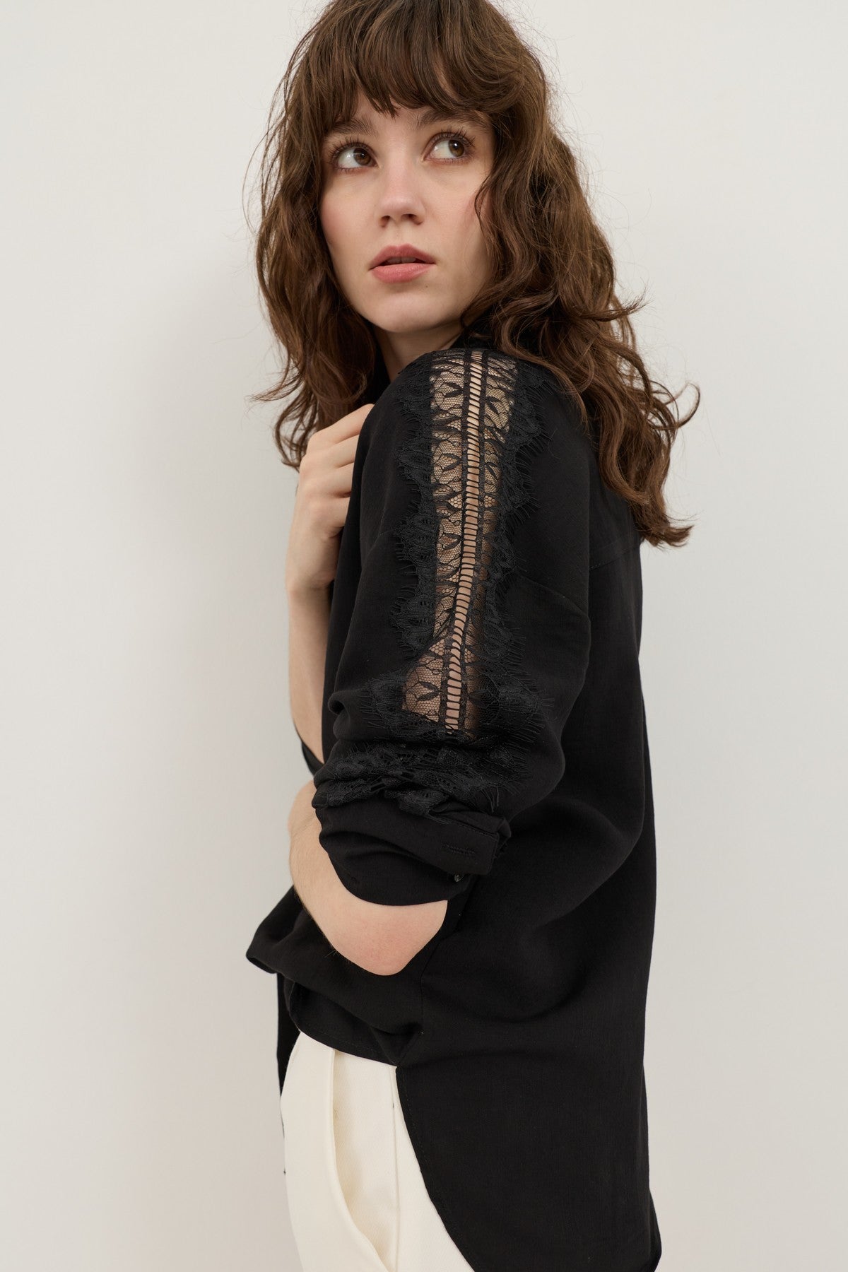 Women's Shirt with Lace-Embellished Sleeves