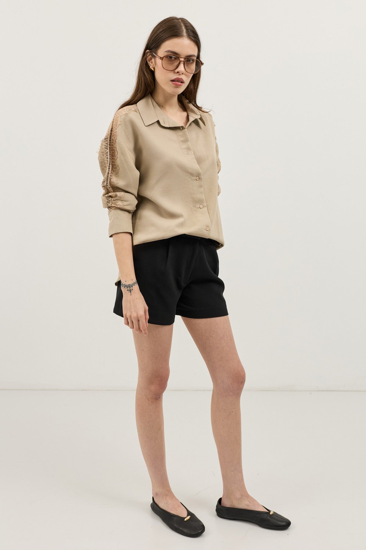 Women's Shirt with Lace-Embellished Sleeves