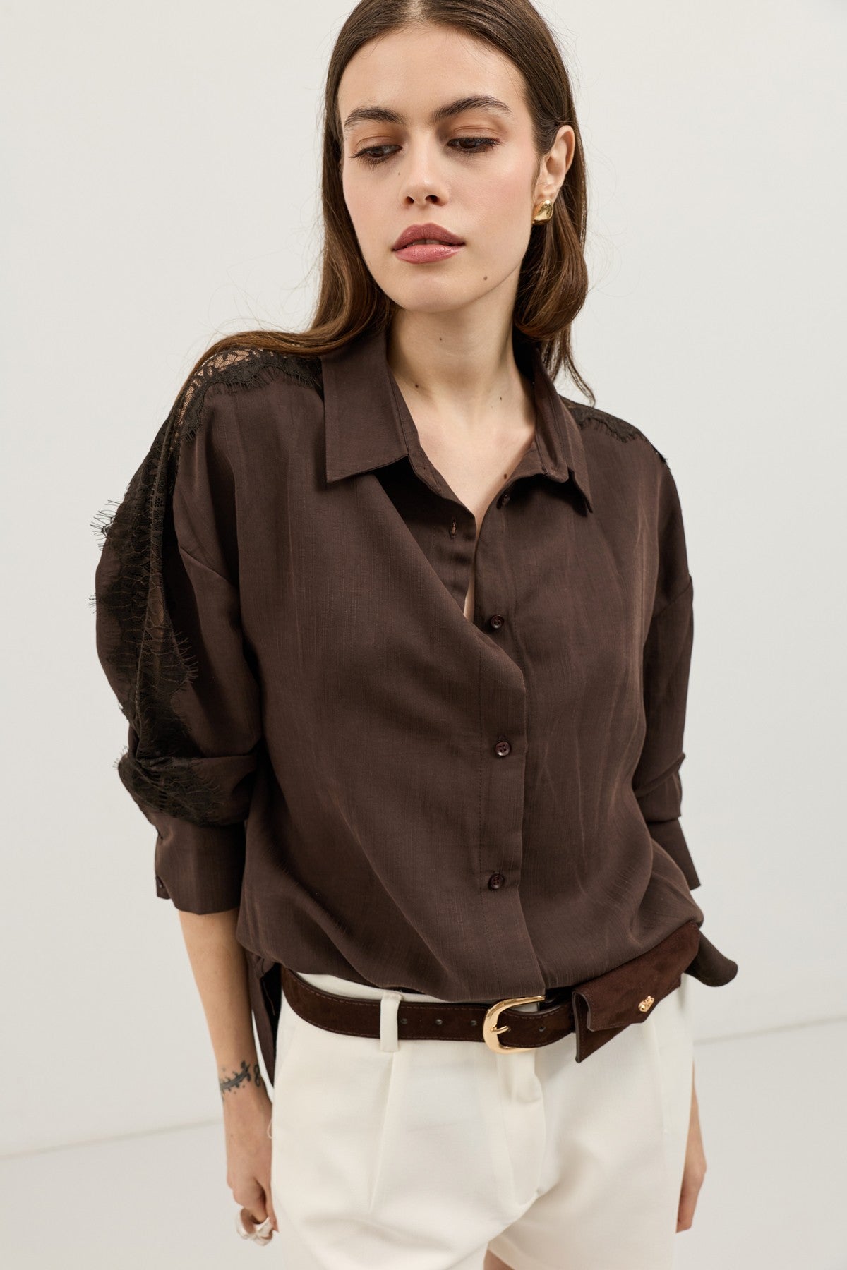 Women's Shirt with Lace-Embellished Sleeves