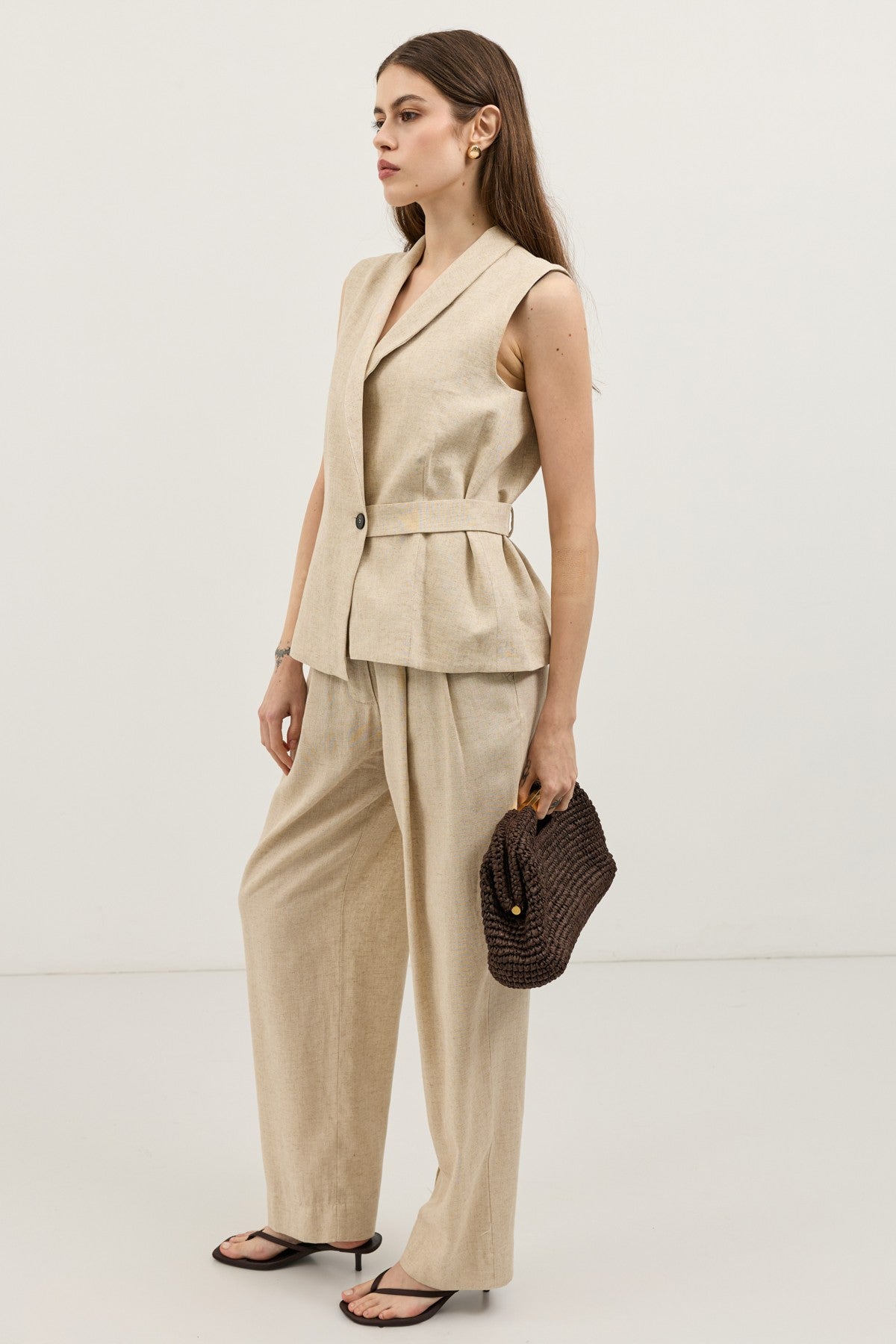 Women's Pleated Pants with Linen Blend
